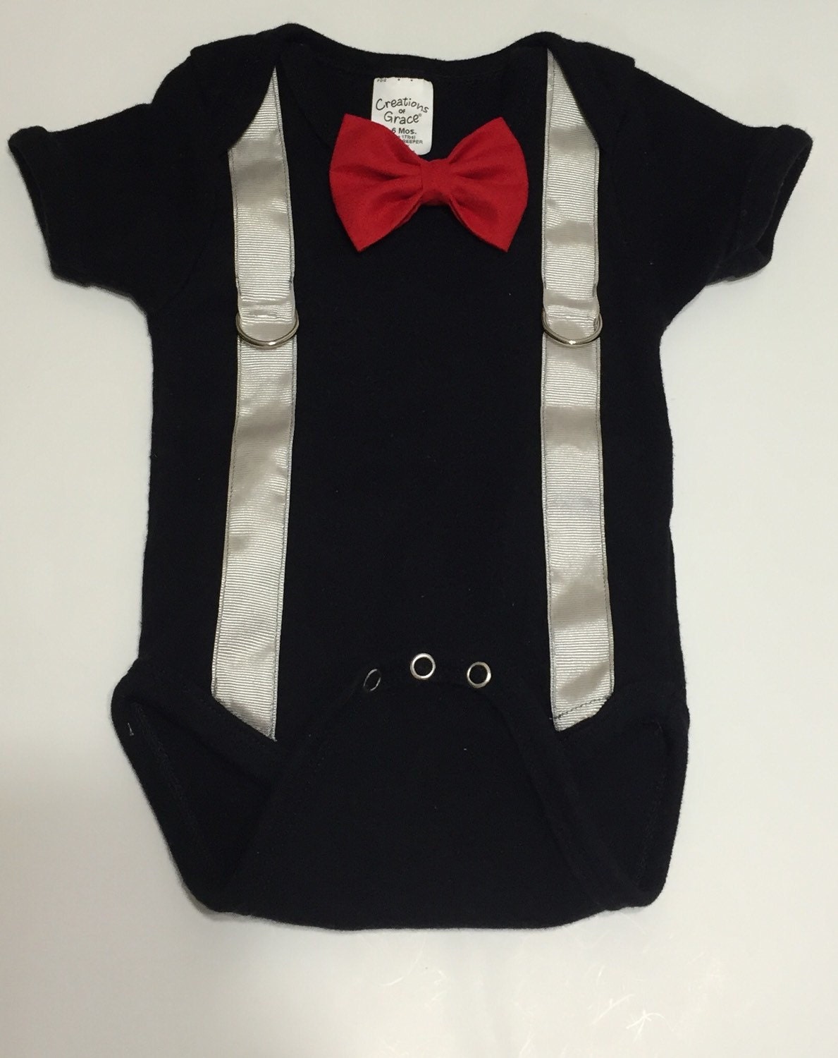 Baby Boy Black Onesie with Silver Suspenders and Snap On Bow