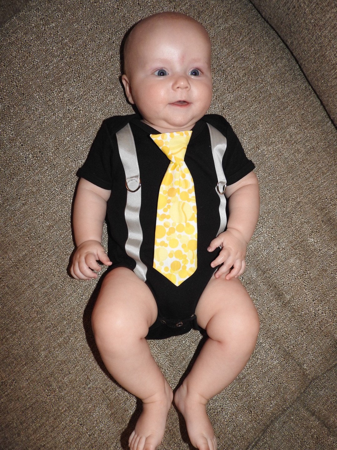Baby Boy Onesie with Silver Suspenders and by ErinCarolineDesign
