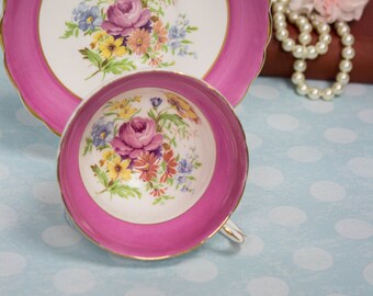 Vintage Rosina Pink Cup and Saucer with Beautiful Florals gold rim