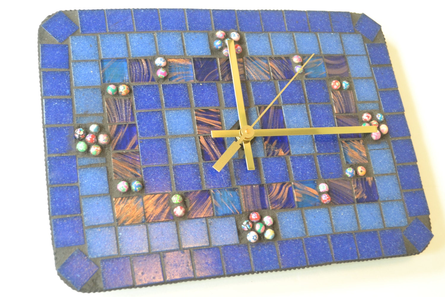 Mosaic Wall Clock Rectangular Handmade Glass Tiles and Clay