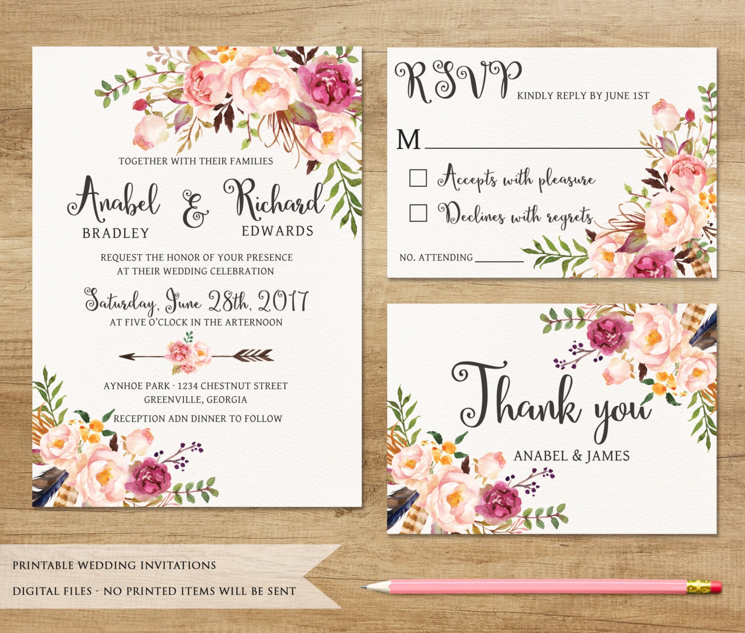 Floral Wedding Invitation. Printable Wedding Invitation.
