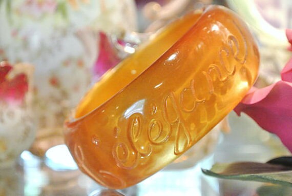 Lucite Bangle L' Elegance BOHO Chunky Thick Bracelet Gold Bronze Translucent 1970s 70s Vintage Retro Hippy Hipster Retro Jewelry Disco Fever