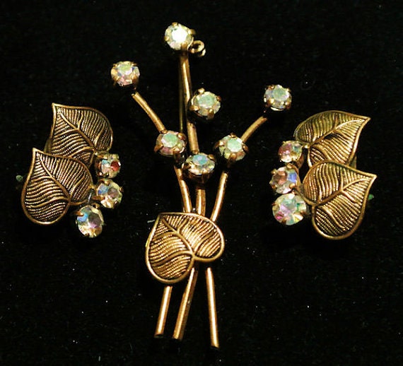 Germany Rhinestone Brooch Earrings Set Germany Demi Parure 1960s 60s Mid Century Art Nouveau Revival AB Heart Shaped Water Lily Pad