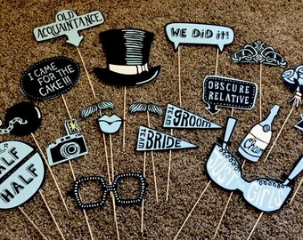 Wedding Photo Booth Props Luxury Funny Blue Modern On Trend Vintage Tea Party team bride team groom adult sophisticated top hat bubbly crown