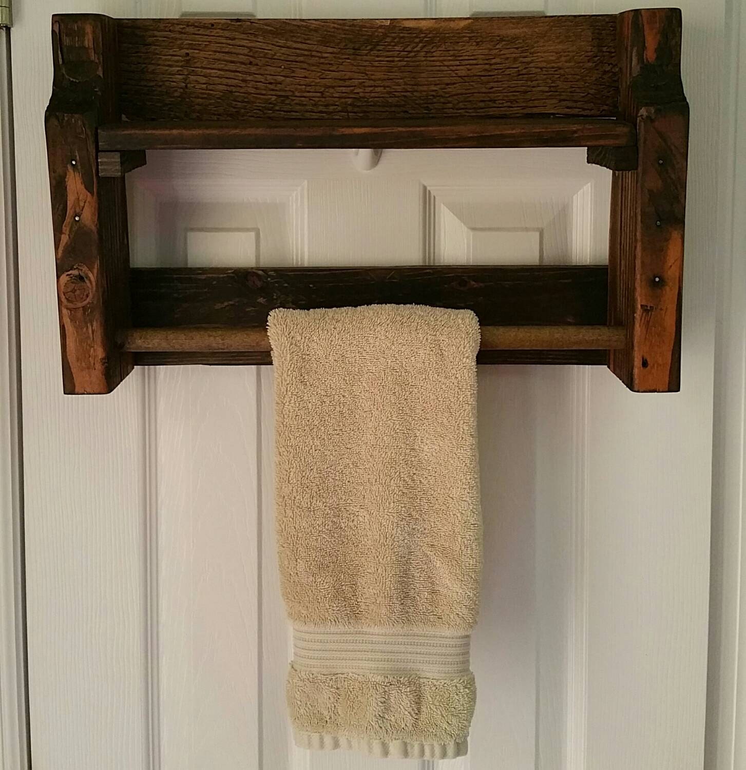 Rustic recycled pallet wood towel holder with shelf