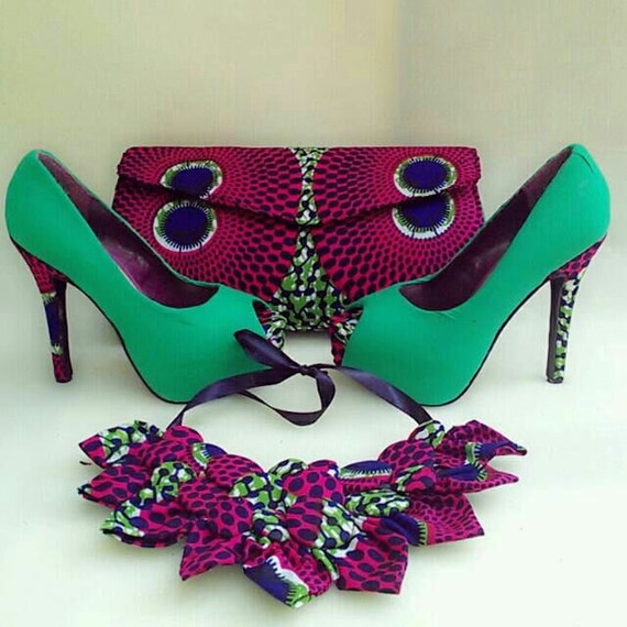 African Peep-toe High Heels, Clutch & Bib Necklace / African shoes / Ankara Heels / African Clutch / African Stiletto / Pumps