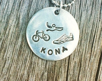 Ironman Triathlon Necklace Hand Stamped, Swim Bike Run Jewelry Custom Tri Necklace Runners jewelry marathon race triathlete gift idea 70.3