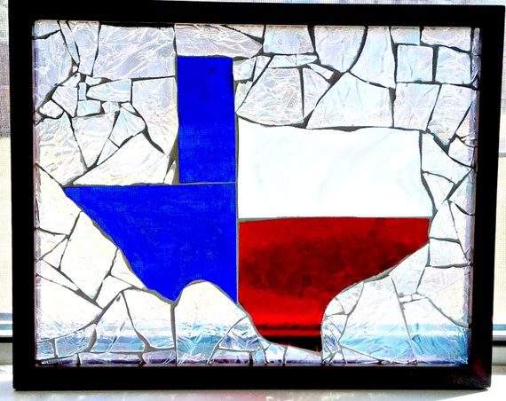 Glass Mosaic State of Texas, upcycled frame, sun catcher, wall hanging, Texas art