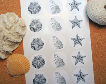 Shell, Starfish, Octopus Ocean Stickers - 1" One Inch Round Stickers/Seals - B&W, Sheets of 15 - by Blossom Arts
