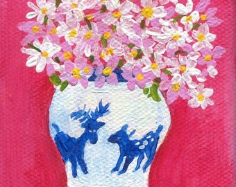 Daisies acrylic painting, blue and white oriental vase, original Shasta acrylic mini painting canvas art, flowers painting SharonFosterArt