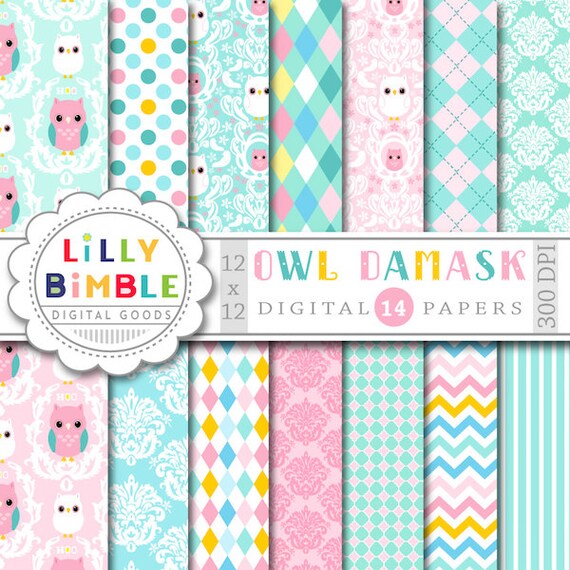 50% off Owl Damask digital papers scrapbooking cards pastel baby paper pack DIGITAL DOWNLOAD Il_570xn