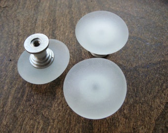 Clear frosted round beach glass inspired vintage glass cabinet pull knob, Tumbled glass