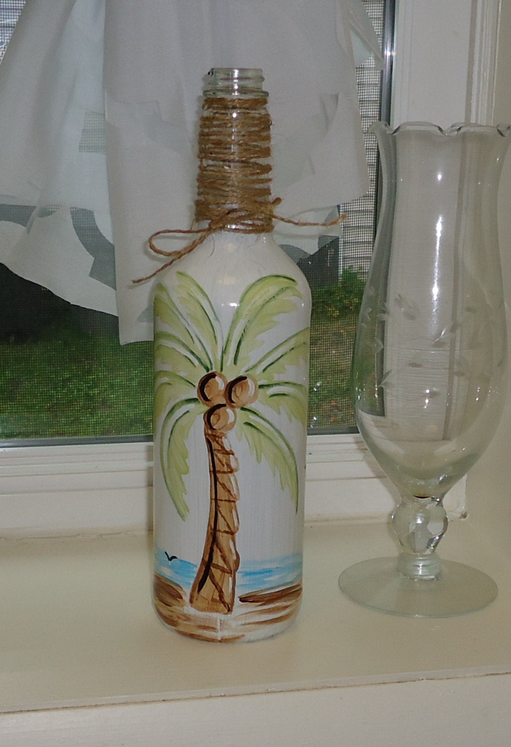 Painted wine bottle PALM TREE wine bottle palm by ThePaintedBeach