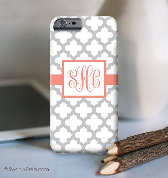 iPhone 7 Personalized Case - quatrefoil grey and coral with monogram - other models available Il_570xn