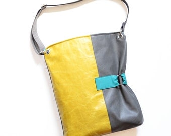 Leather Shoulder Bag, Laptop Bag, Leather Crossbody Purse, Womens Work Bag, The Luella Bag in Yellow and Granite Grey