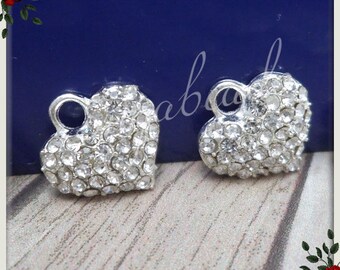 4 Silver Plated Crystal Heart Charms 13mm PS161