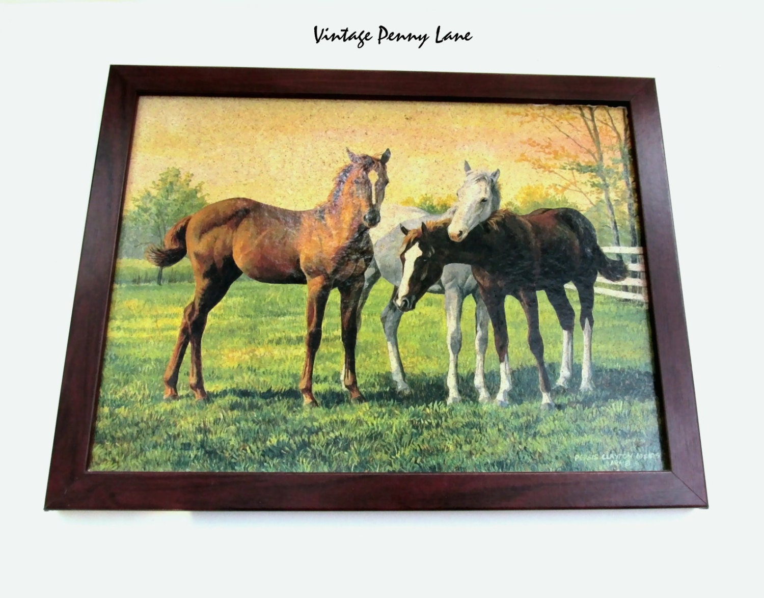 Vintage Bulletin Board Wood Framed Painted Horse Printed Cork