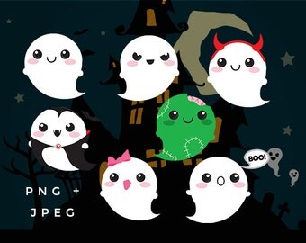 Cute ghost clip art - kawaii ghost clipart Halloween clip art haunted spooky digital designs commercial use zombie vampire ghosts