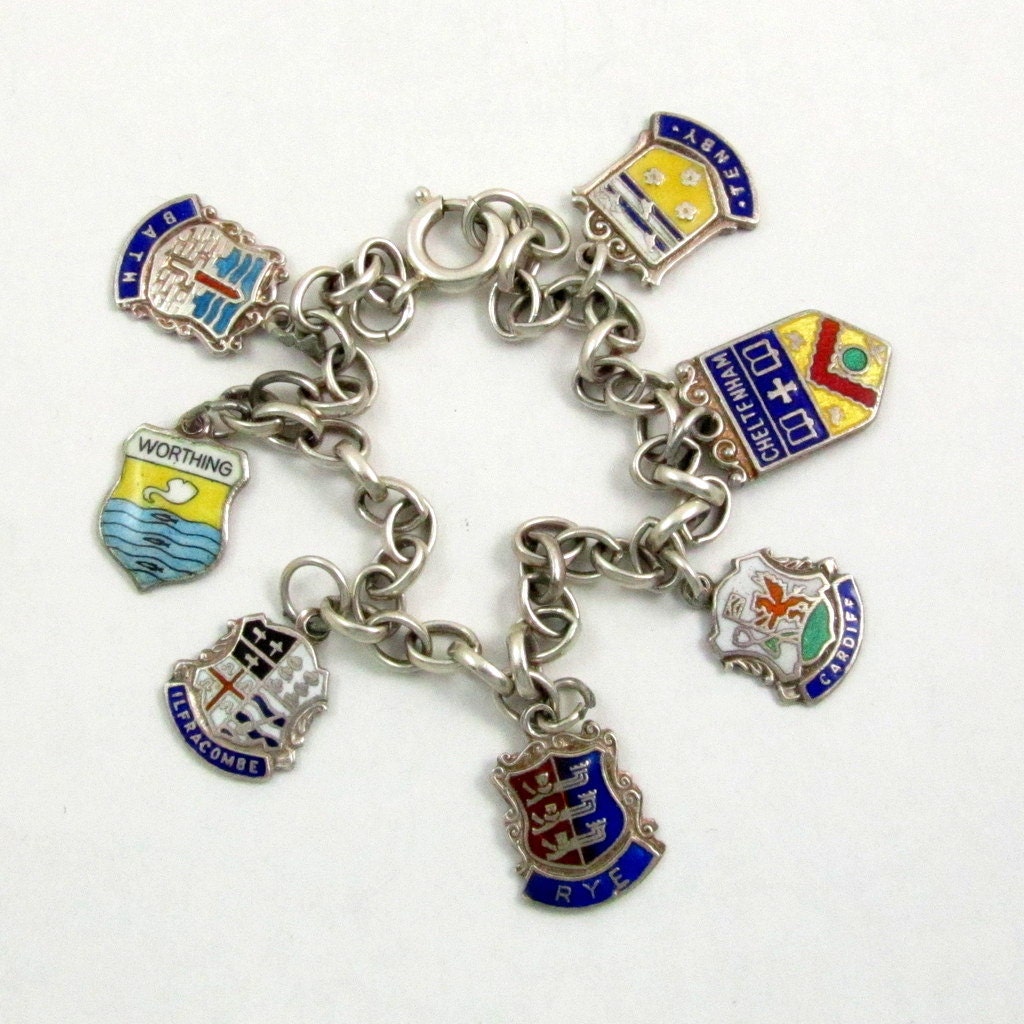 Vintage Travel Shield Charm Bracelet Sterling Silver Enamel