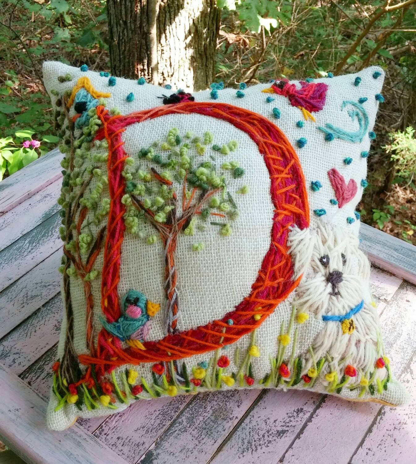 Hand Embroidered Initial Pillow LARGE Size Custom Design