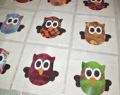 9 Whimsical Big Eyed Hoot Owl 6" x 6" Quilt Blocks in Batik Fabrics