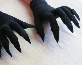 Gloves with claws, black on black, for Halloween costume or pretend play, one size stretch glove