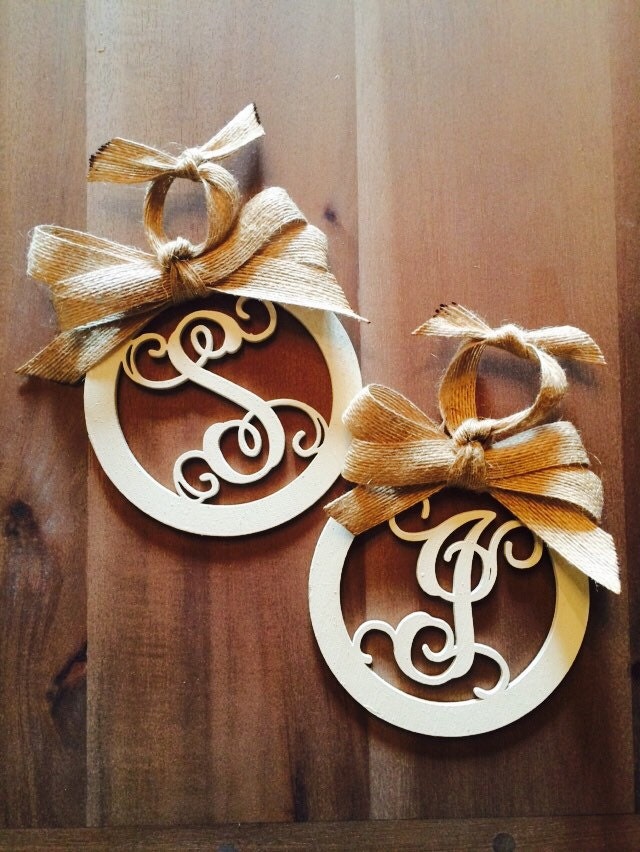 Round Wooden Initial Christmas Ornament with Burlap Ribbon by