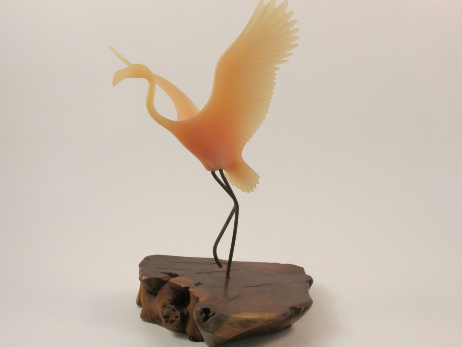 Vintage John Perry Flying Flamingo Sculpture on Burl Wood Base