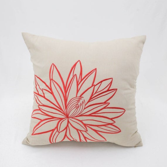Lotus Decorative Throw Pillow Cover Beige Linen Orange Lotus