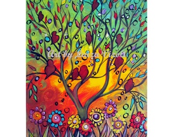 Birds Tree Painting Original Canvas Whimsical Landscape Flowers Painting on Canvas by Luiza Vizoli