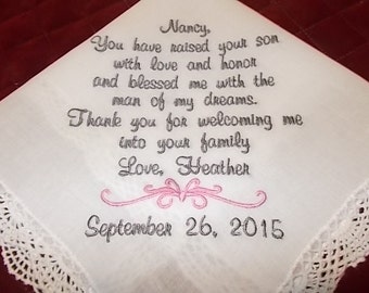 Mother of the Groom Handkerchief/Hankie Wedding Customized by PamsEmbroidery Gift Envelope Included