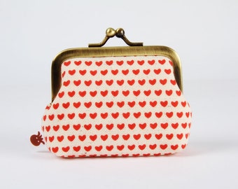 Metal frame coin purse - Tiny hearts - Deep mum / Japanese fabric / Minimalist cute red hearts / Love / Kisslock purse / boho
