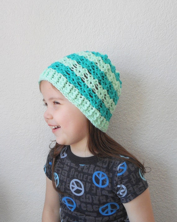 Girls Striped Skullcap Beanie in Jade and Mint, ready to ship. 