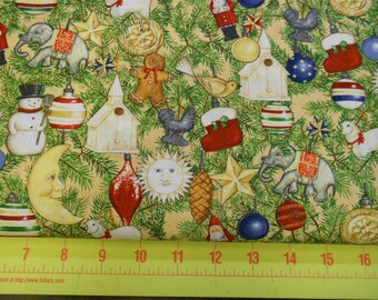 Christmas Fabric - 50% )FF! Holiday Home Ornament Toss on Cream by South Sea Imports - Yardage