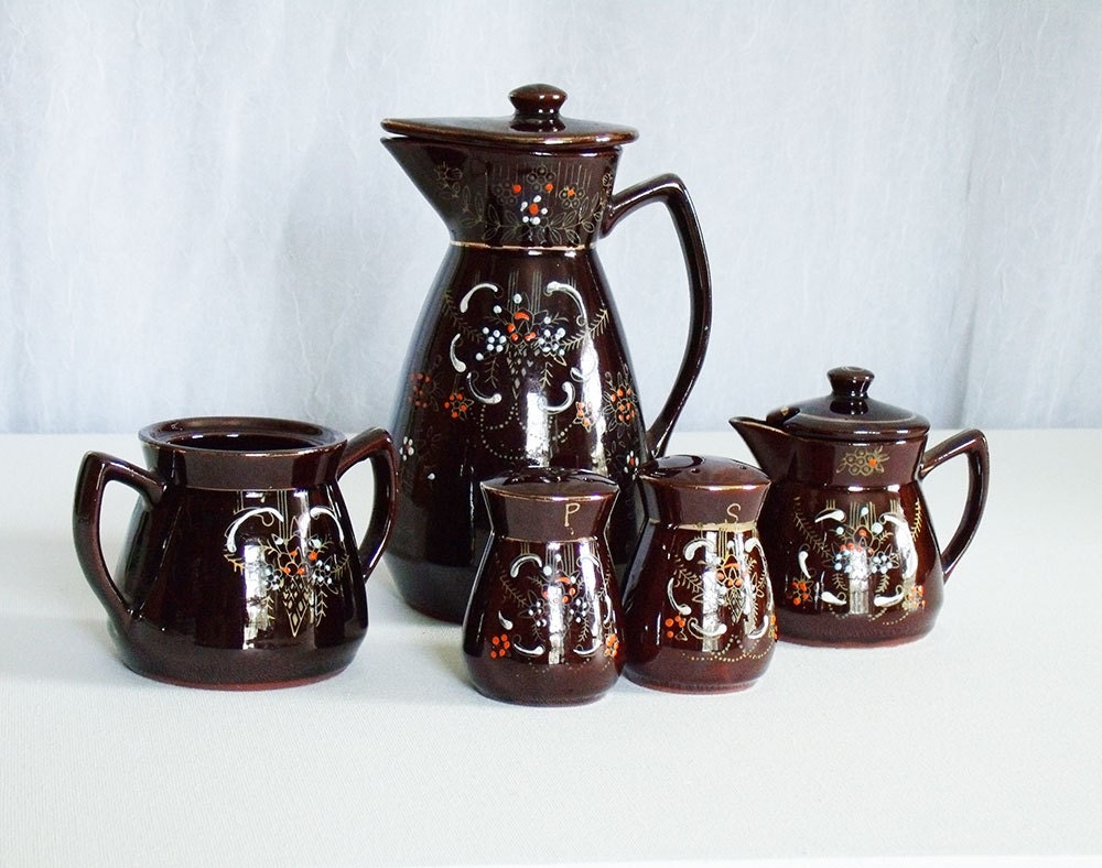 Vintage Japanese Tea Set Brown painted serving set hostess