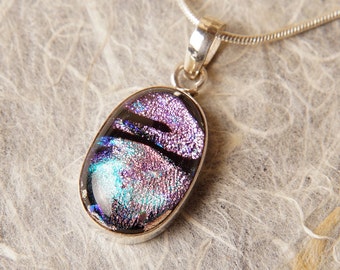 Handmade Dichroic Fused Glass and Sterling Silver .925 Pendant Necklace