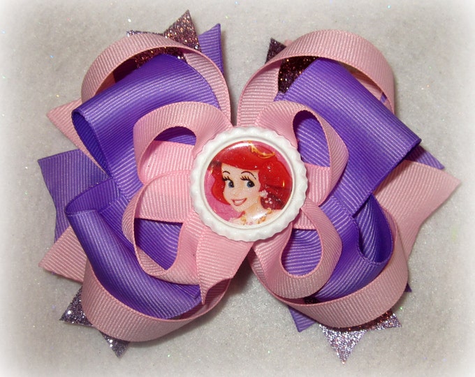 Ariel The Little Mermaid Purple Fantasy Funky Large Boutique Hair Bow Fancy Princess Layers of Loops and Spikes for Baby Toddler Little Girl