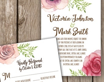 Floral Watercolor Wedding Invitation - Roses Watercolor Wedding Invitation - Script Wedding Invitation - Pinks and Browns Wedding Invitation