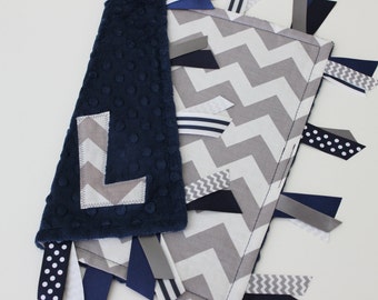 Taggie, blanket, baby, chevron, navy, minky, ribbon, tags, sensory, gift, lovey