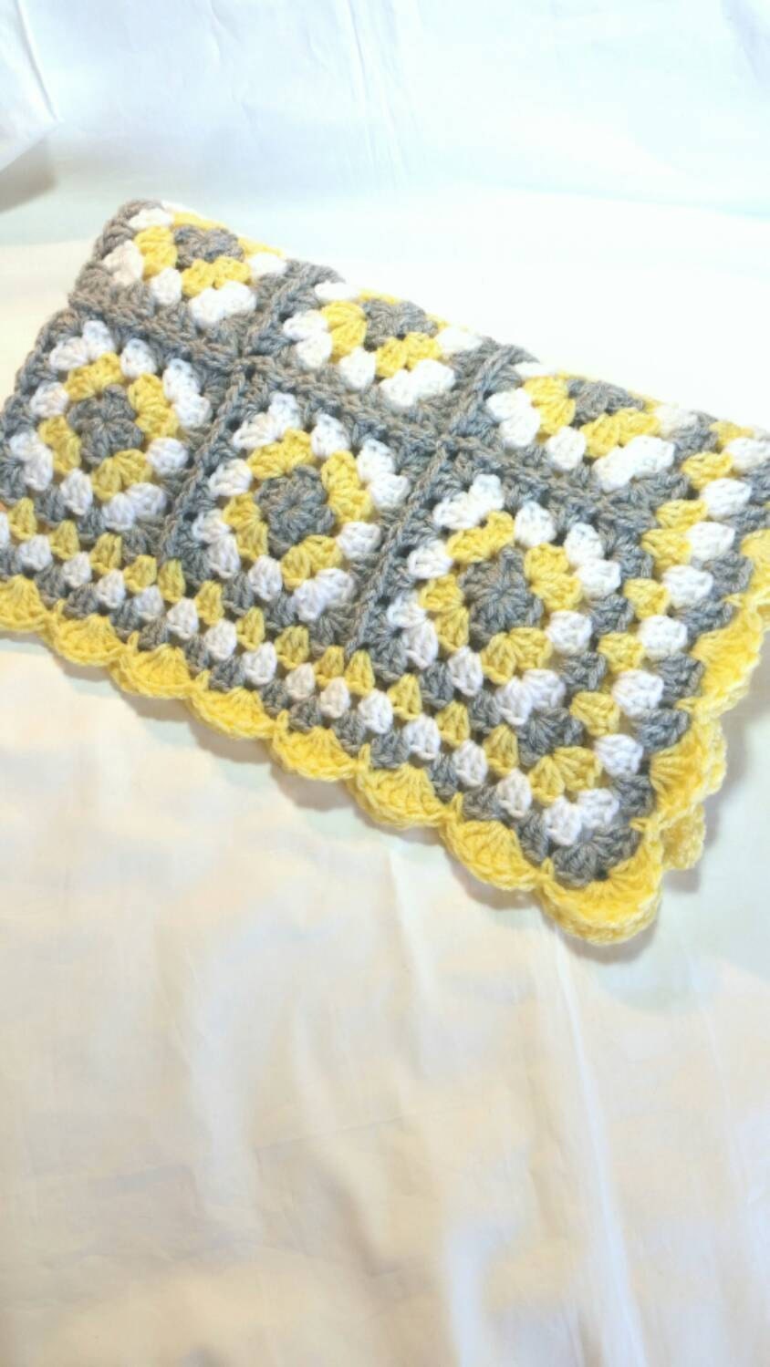 Baby Blanket Grey Gray Yellow White Crochet Granny Square Car