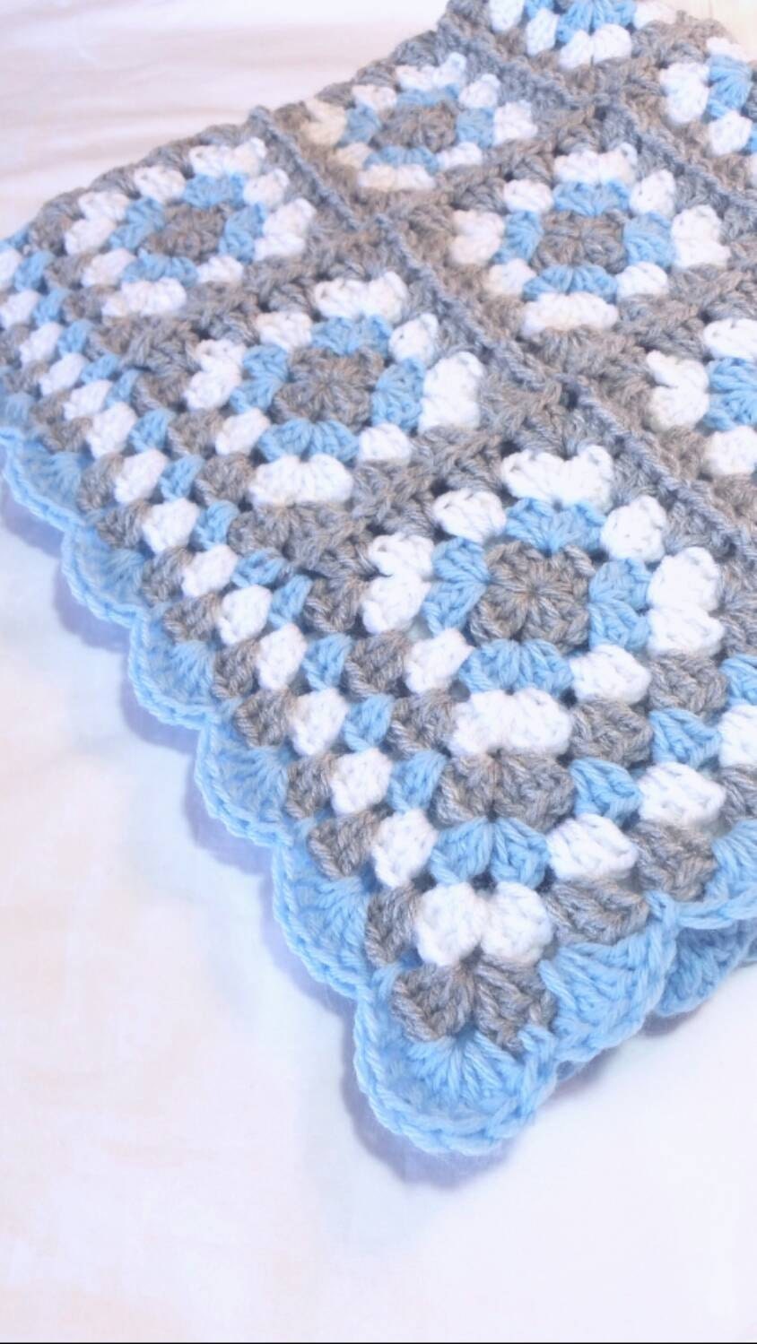 Granny Square Baby Blanket Blue and Gray Crochet by littledarlynns