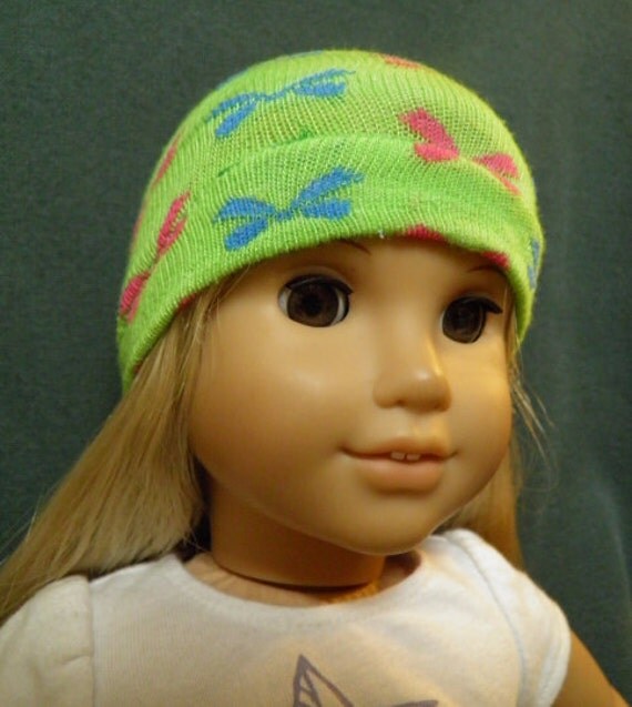 American Girl Doll Hat GREEN Skull Cap with Ribbon Pattern