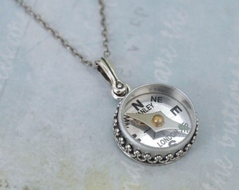 sterling silver compass necklace - GUIDANCE - antiqued sterling silver necklace with miniature working compass, vintage style, long chain,