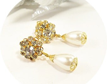 Vintage Earrings, Vintage Pearl Earrings, Vintage Rhinestone Earrings, Drop Earrings, Gold Earrings Wedding Earrings, Bridal Earrings