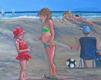 large children beach original oil painting,figurative art,large impressionism art,ocean art,24 x 36 painting,children playing art,home decor