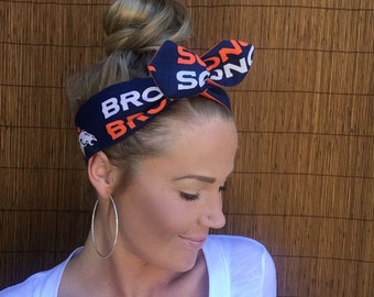 Denver Broncos Dolly Bow Reversible Navy Blue White Orange Pin Up Rockabilly Dolly Bow Tie Up Headband Headscarf Hair Head Wrap Accessories