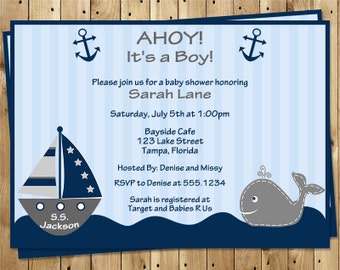 Nautical, Baby Shower Invitations, Ahoy It's a Boy, Whale, Gray, Boat, Anchor, Stripes, 10 Printed Invites, FREE Shipping, AIBTW, Custom