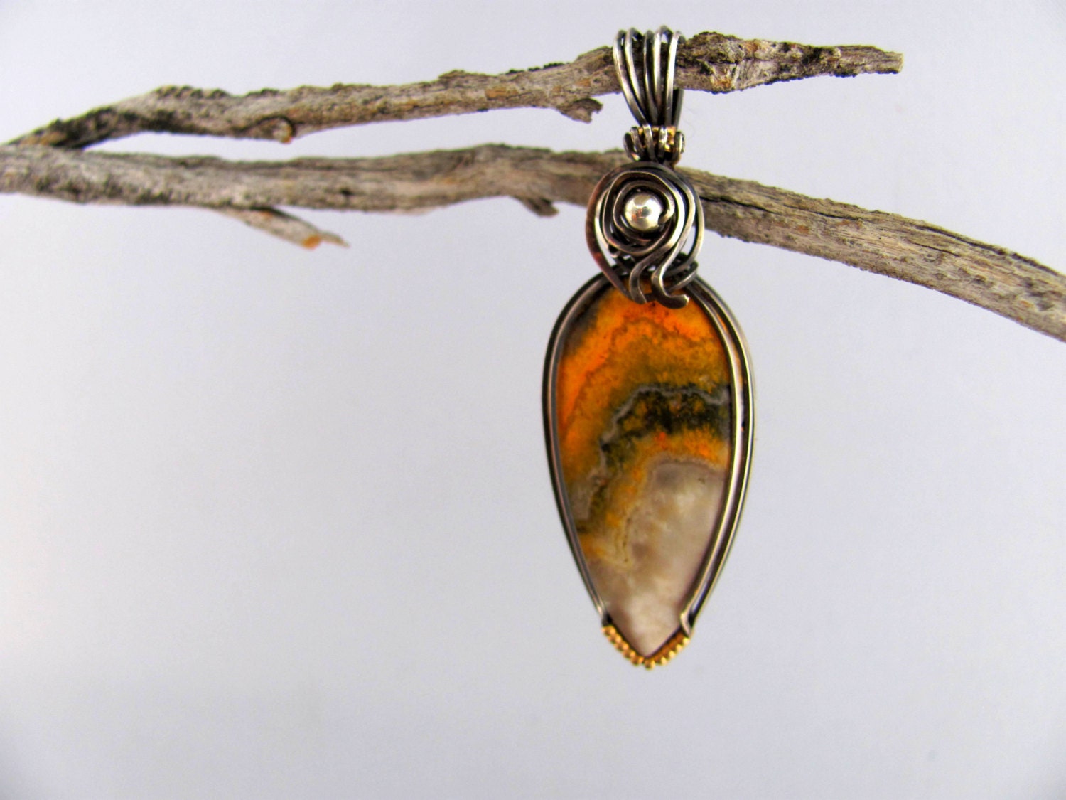 Wire Wrapped Silver Pendant Bumble Bee Jasper in Oxidized