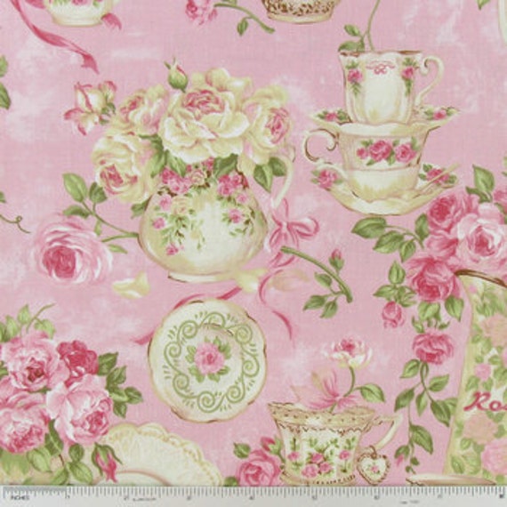 Pink rose fabric Rose Garden Tea For Two floral quilting