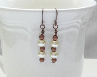 ndb-Ivory Glass Pearl and Copper Dangle Earrings